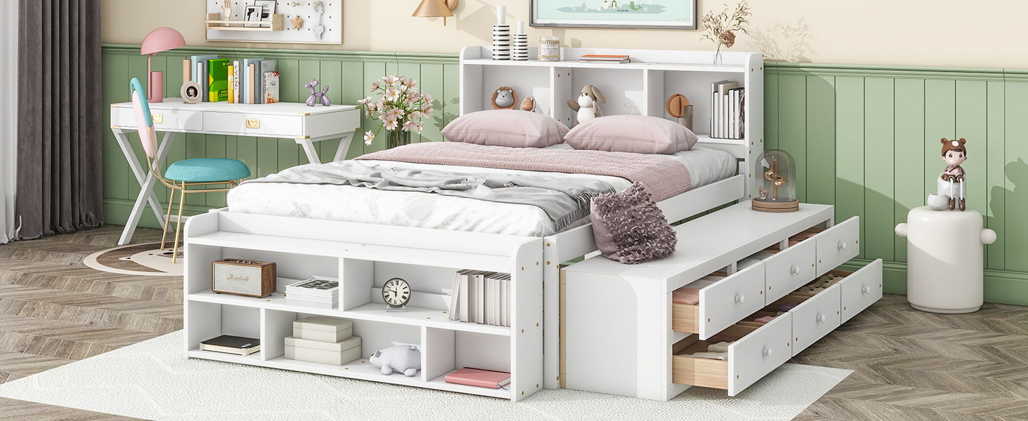 Bed With Bookcase Headboard, Under Bed Storage Drawers And Bed End Storage Case