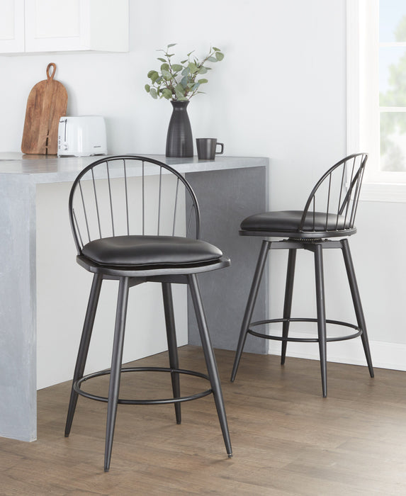 Riley - Farmhouse Fixed Height Counter Stool With Swivel With Round Footrest (Set of 2) - Matte Black