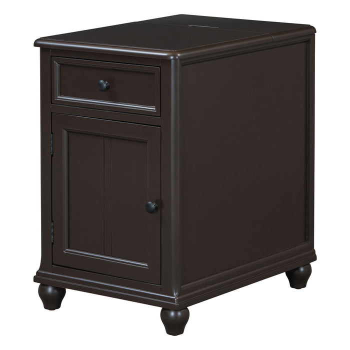 End Table With Solid Wood Legs, Side Table With USB Ports, 1 Storage Cabinet And 1 Drawer For Living Room