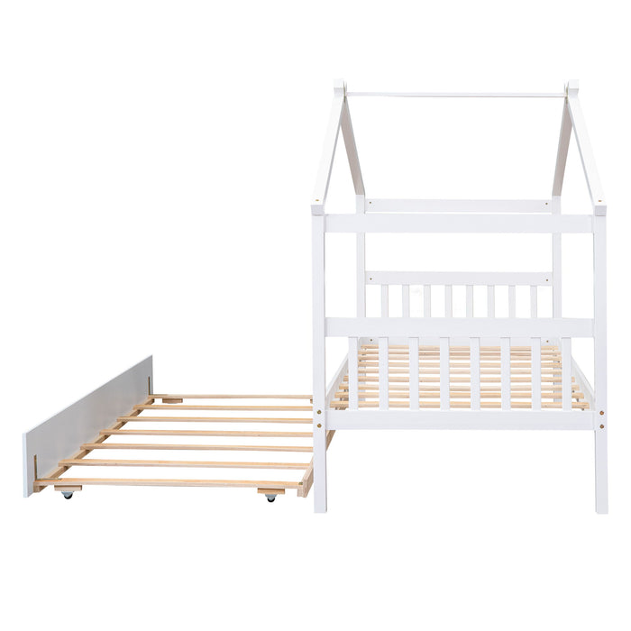 Wooden House Bed With Twin Size Trundle