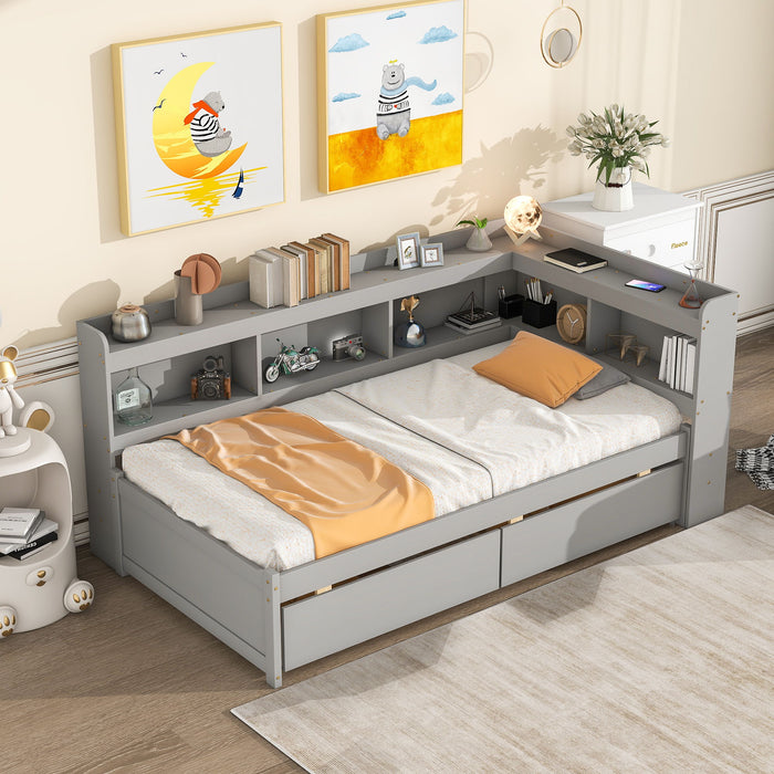 Twin Bed With L-Shaped Bookcases, Drawers - Gray