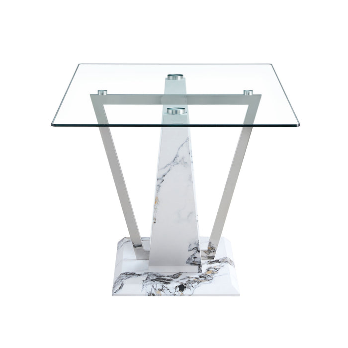 Table And Chair Set, Large Modern Rectangular Glass Table, Can Accommodate 6-8 People, Equipped With A 0.39" Tempered Glass Tabletop And MDF Table Legs.Paired With Comfortable And Soft Chairs - White / Pearl Silver