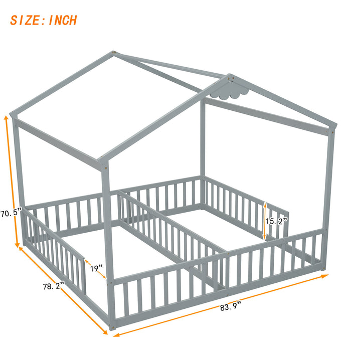 Double Twin House-Style Floor Bed With Fence, Guardrails, Without Door