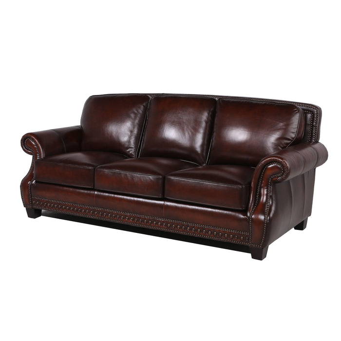 Traditional Roll Arm Nailhead Leather Sofa - Brown