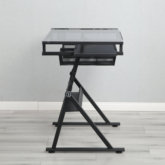 Adjustable Tempered Glass Drafting Printing Table - Black