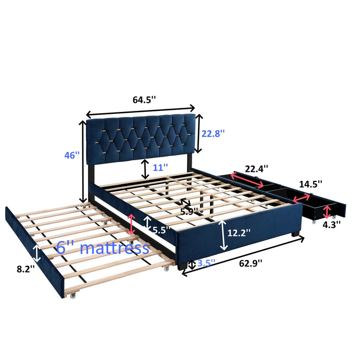 Trundle Pull Out Drawers Storage Upholstered Bed Modern Design No Box Spring Required