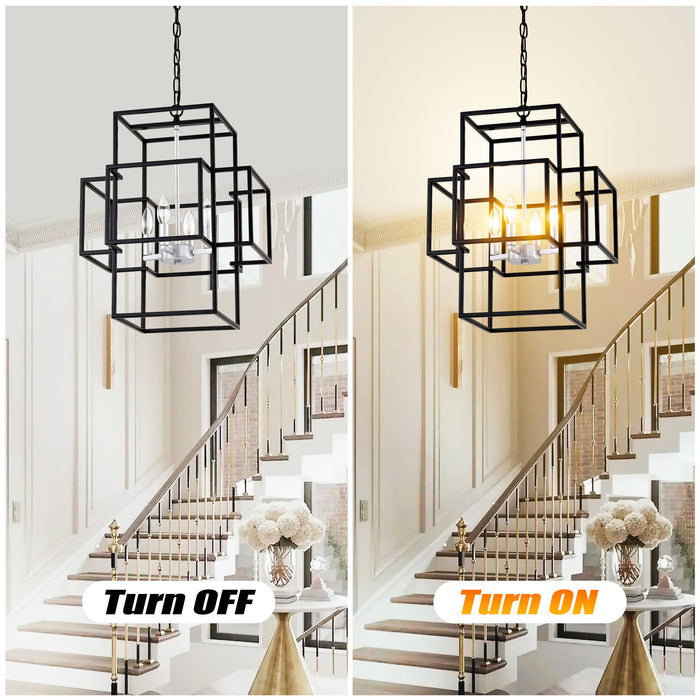 4 Light Metal Lantern Tiered Pendant Hanging Light Fixtures, Industrial Farmhouse Adjustable Height Chandeliers For Dining Room Hallway Foyer Entryway (E12 Bulbs Not Included)