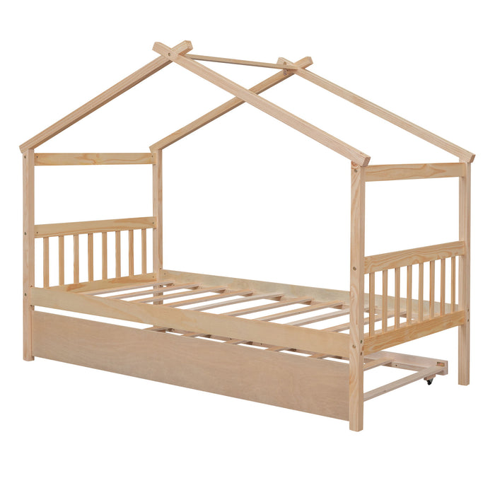 Wooden House Bed With Twin Size Trundle