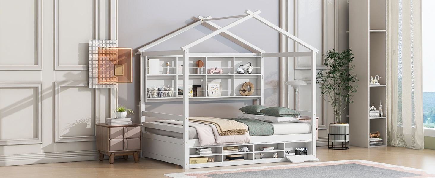 House Bed With Roof Frame, Bedside-Shelves, Under Bed Storage Unit