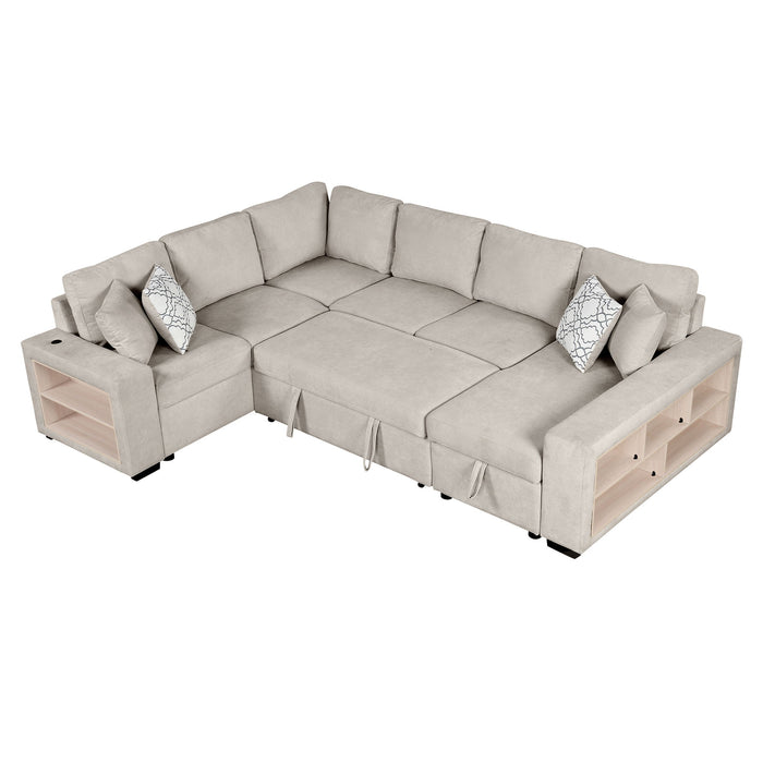 U-Shaped Sectional Sofa Pull-Out Sofa Bed With Two USB Ports, A Storage Chaise Lounge And Four Back Pillows For Living Room