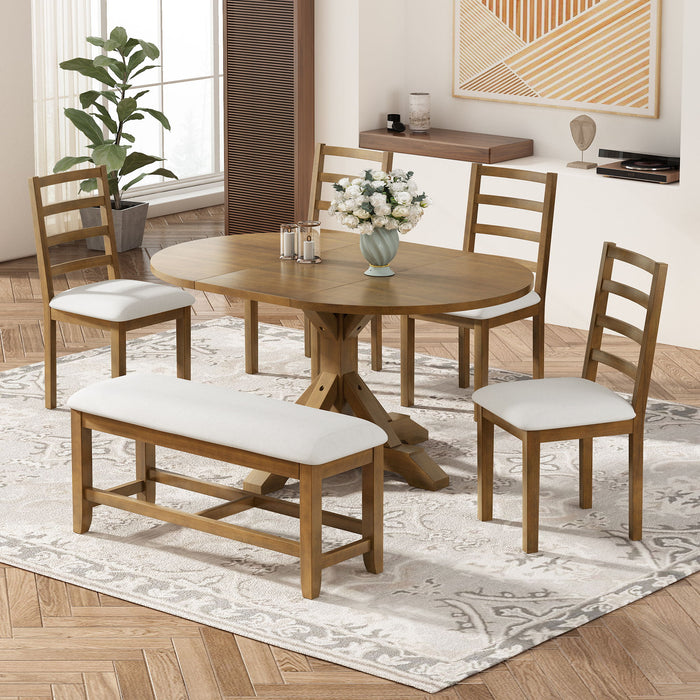 Topmax - 6 Piece Farmhouse Extendable Pedestal Dining Table Set With 18Inch Removable Leaf, Bench And 4 Ladder Back Dining Chairs