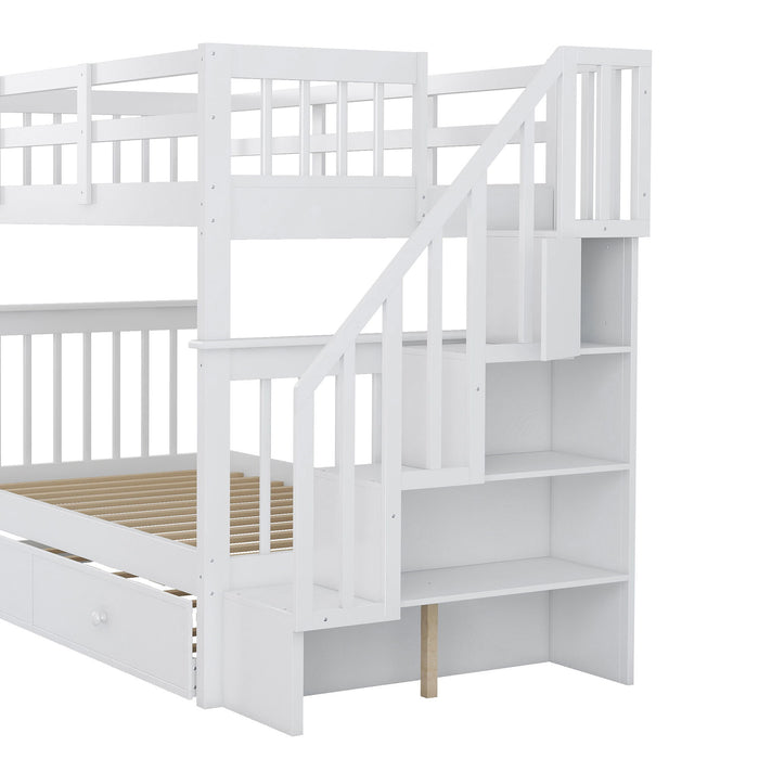 Stairway Twin Over Twin Bunk Bed With Twin Size Trundle For Bedroom, Dorm, Adults - White