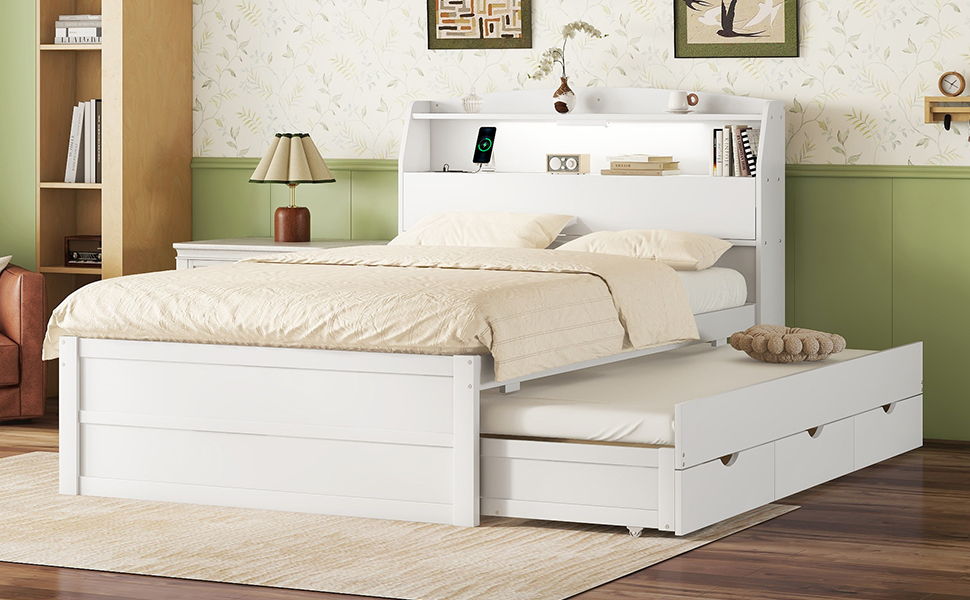 Wooden LED Platform Bed With Trundle, With Storage Headboard, With Drawers