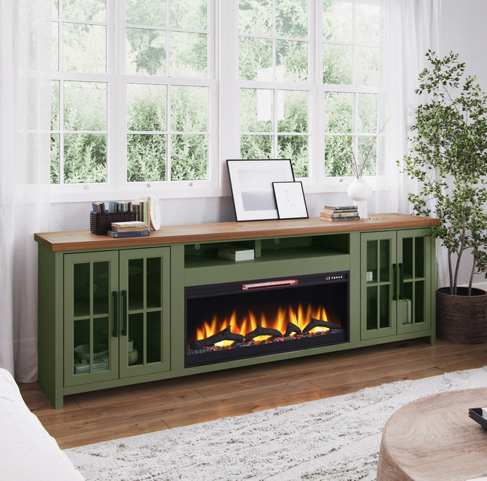 Vineyard - 97" Fireplace TV Stand Console For TVs Up To 100" - Sage Green And Fruitwood Finish