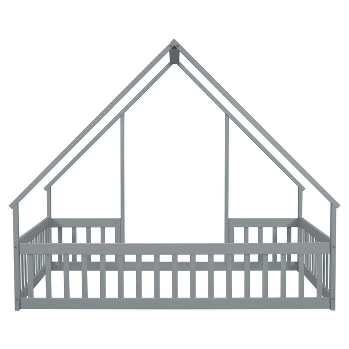 Wood House-Shaped Floor Bed With Fence, Guardrails