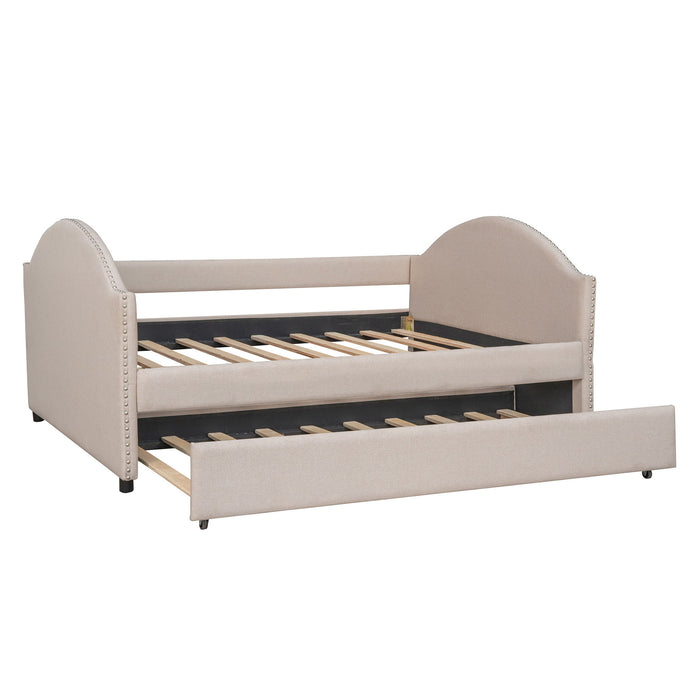 Full Size Upholstered Daybed With Twin Size Trundle, Wood Slat Support - Beige