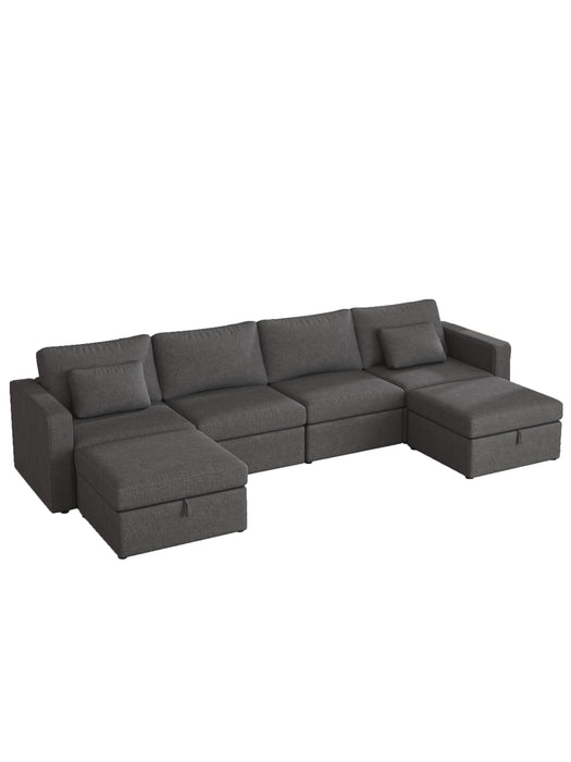 Modern Cotton Linen Modular Sectional Sofa, U Shape Convertible Sofa Set With Pillows, Oversized Sectional Couches With Storage Ottomans For Living Room, Loft, Apartment, Office 6 Seats