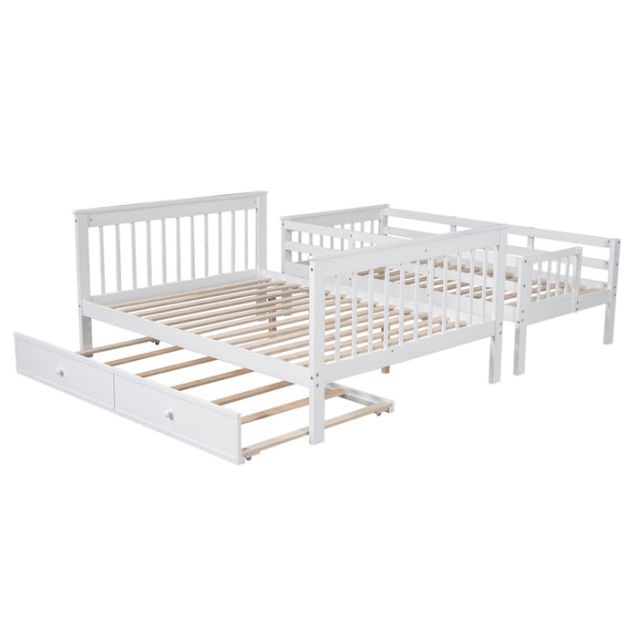 Twin Over Full Bunk Bed With Twin Size Trundle, Storage And Guard Rail For Bedroom, Dorm, For Adults - White