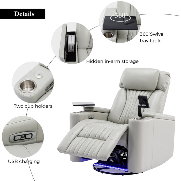 270 Degree Power Swivel Recliner, Home Theater Seating With Hidden Arm Storage And LED Light Strip, Cup Holder, 360 Degree Swivel Tray Table, And Cell Phone Holder, Soft Living Room Chair