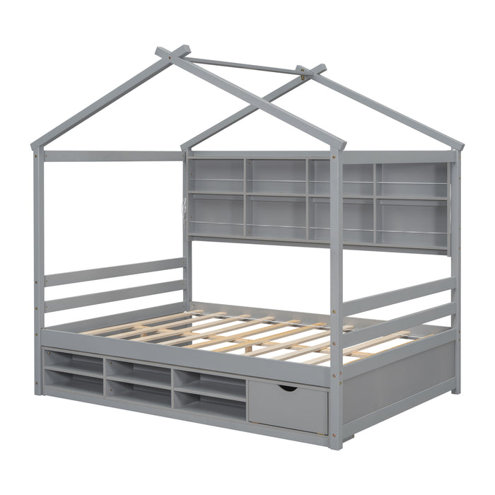 House Bed With Roof Frame, Bedside-Shelves, Under Bed Storage Unit