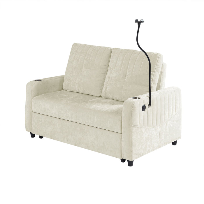 Modern Loveseat Pull Out Sofa Bed With Adjustable Backrest, Two Cup Holders, A Phone Holder, Three Charging Ports And Side Storage Pockets For Living Room