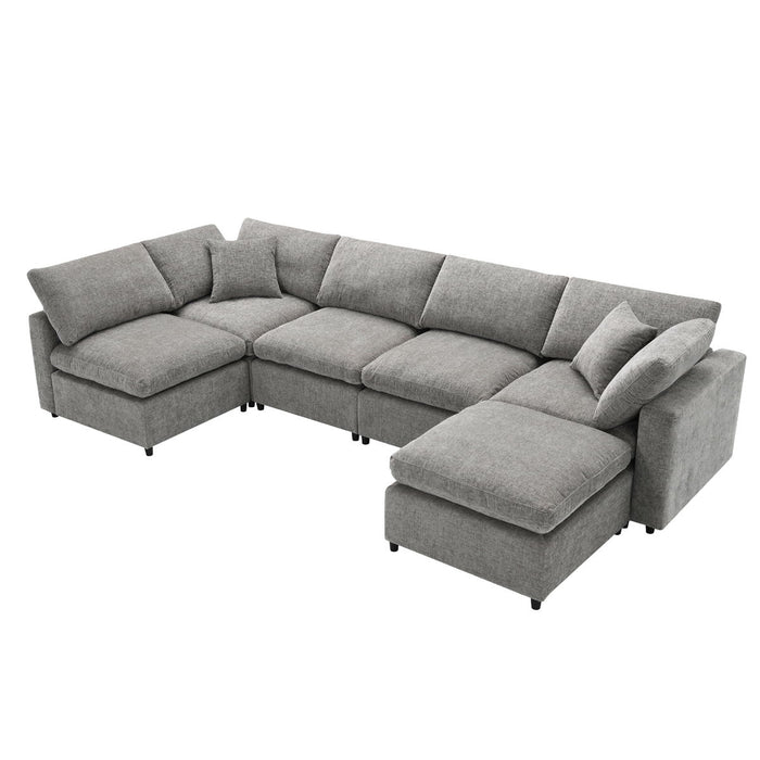 Modern Modular Cloud Sofa Bed, 6 Seat Chenille Sectional Couch Set With Ottoman, Free Combination, Convertible U Shaped Sleeper Sofa For Living Room