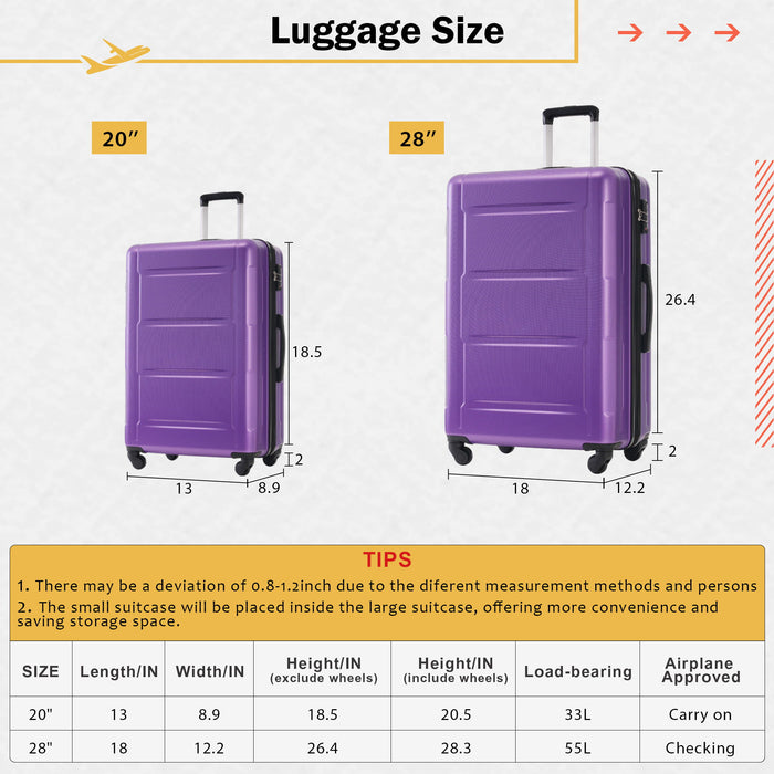 2 Piece Luggage Set With Bags Expanable Spinner Wheels ABS Lightweight Suitcase With Tsa Lock 20" / 28"