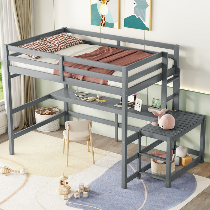 Loft Bed With Built-In Desk, Ladder Platform, Ladders, Guardrails