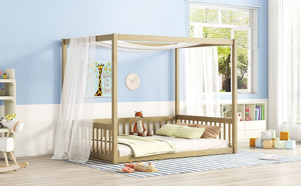 Canopy Frame Floor Bed With Fence, Guardrails