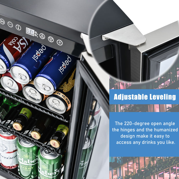 Built-In And Freestanding Mini Beverage Refrigerator / Wine Cabinet, 120 Cans, 37-65°F, Quiet, Adjustable Shelves, LED Lighting, Etl, Touch Controls, Defrost, Double Glass Door - Black / Silver