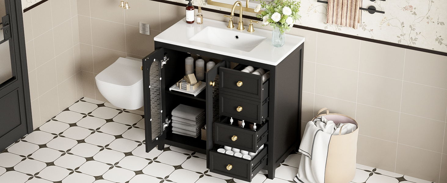 Bathroom Vanity With Two Soft Close Doors, Adjustable Shelves And Three Drawers