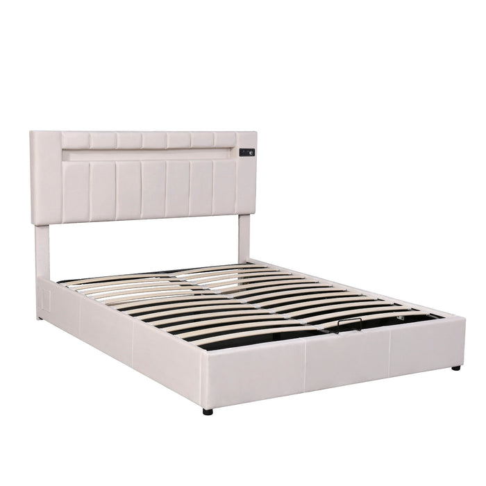 Queen Size Upholstered Bed With Led Light - Bluetooth Player And USB Charging, Hydraulic Storage Bed