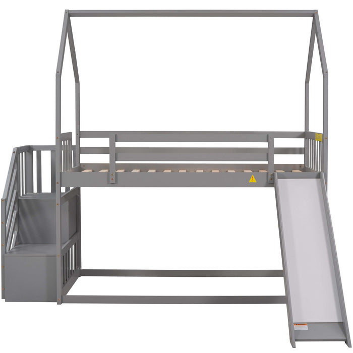 Twin Over Twin House Bunk Bed With Convertible Slide, Storage Staircase