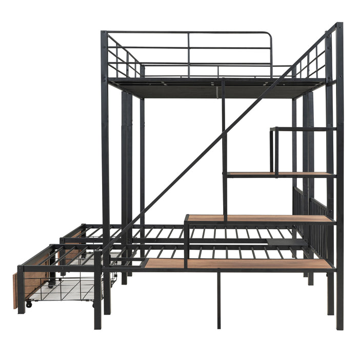 Full Over Twin-Twin Triple Bunk Bed With Drawers And Staircase - Black