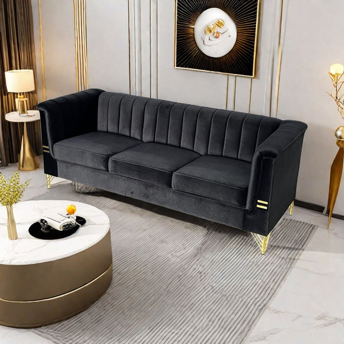 Fx-P82-Bk (Sofa) Modern Sofa Couches For Living Room, Velvet Tight Back Chesterfield Design Couch Upholstered Sofa With Metal Legs Decor Furniture For Bedroom - Black