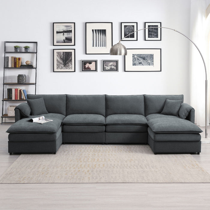 Chenille Modular Sectional Sofa, U Shaped Cloud Couch Set With Double Cushions, 6 Seat Sleeper Sofa Bed With Ottomans, Oversized Indoor Furniture For Living Room