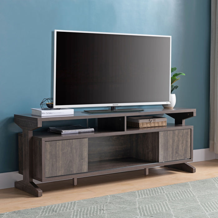 TV Center Console With Sliding Doors, Storage And Display Shelves - Brown Walnut