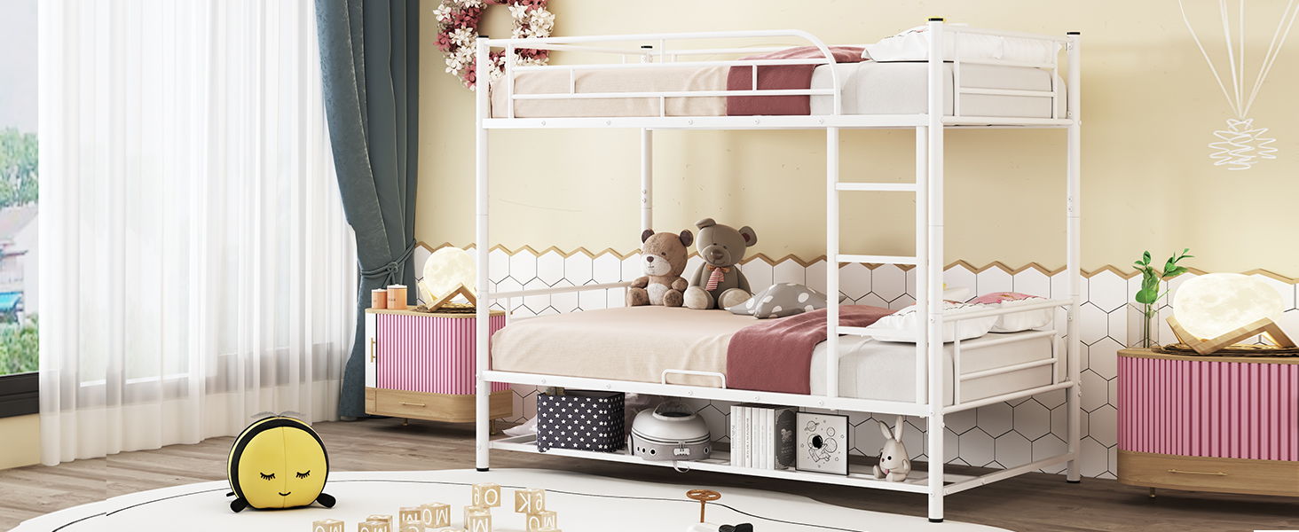 Twin Over Twin Metal Bunk Bed With Shelf And Guardrails