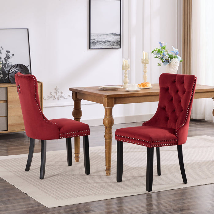 Classic Velvet Dining Chairs, High-End Tufted Solid Wood Contemporary Velvet Upholstered Dining Chair With Wood Legs Nailhead (Set of 2) - Burgundy