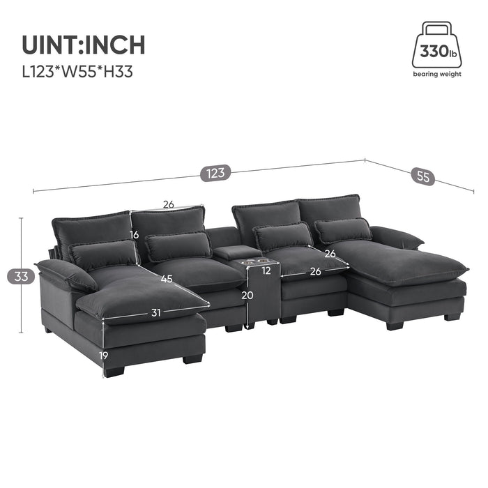 Modern U-Shaped Sofa With Console, Cupholders And USB Ports, 6 Seat Upholstered Symmetrical Indoor Furniture, Sleeper Couch Set With Chaise For Living Room