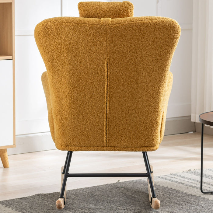 35.5" Rocking Chair With Pocket, Soft Teddy Fabric Rocking Chair For Nursery, Comfy Wingback Glider Rocker With Safe Solid Wood Base For Living Room Bedroom Balcony - Turmeric