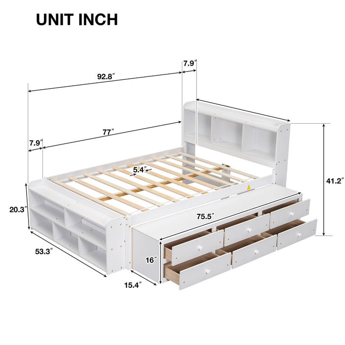 Bed With Bookcase Headboard, Under Bed Storage Drawers And Bed End Storage Case