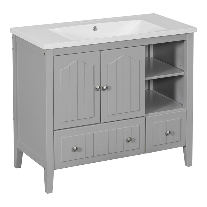 Bathroom Vanity With Ceramic Basin, Bathroom Storage Cabinet With Two Doors And Drawers, Solid Frame, Metal Handles