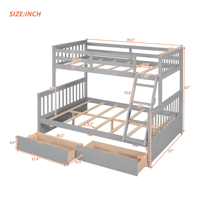 Twin Over Full Bunk Bed With Ladders And Two Storage Drawers