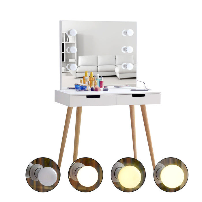 Wooden Vanity Table, Makeup Dressing Desk With LED Light, Dressing Table With USB Port - White