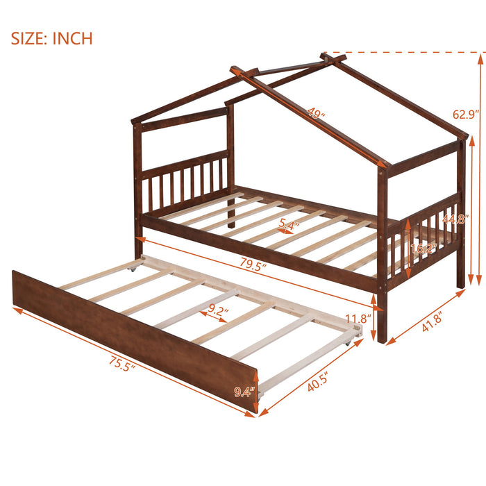 Twin Size Wooden House Bed With Twin Size Trundle Walnut