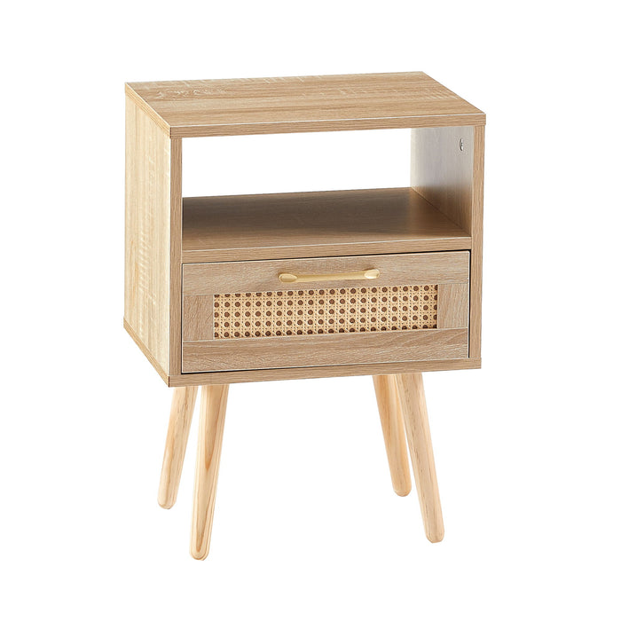 15.75" Rattan End Table With Drawer And Solid Wood Legs, Modern Nightstand, Side Table For Living Room, Bedroom