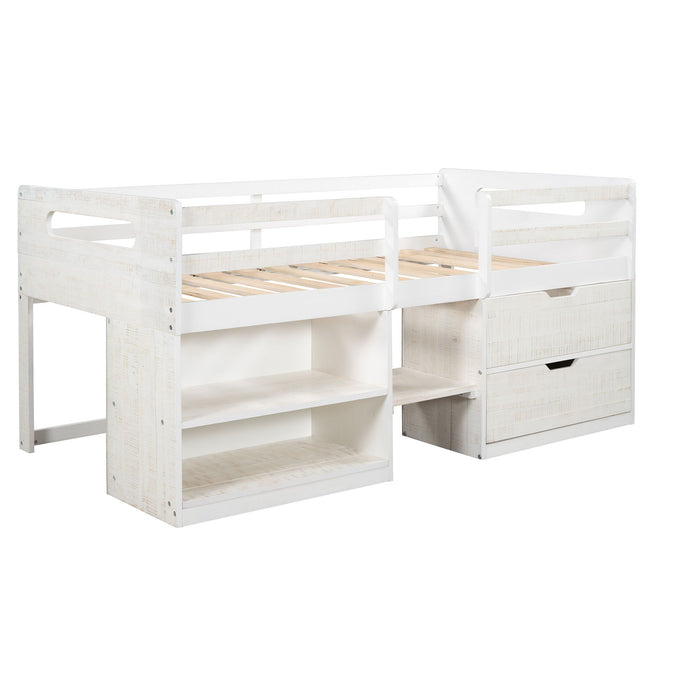 Twin Size Loft Bed With Two Shelves And Two Drawers