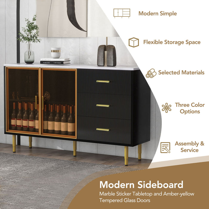 Modern Sideboard Buffet Cabinet Marble Sticker Tabletop And Amber-Yellow Tempered Glass Doors With Gold Metal Legs & Handles