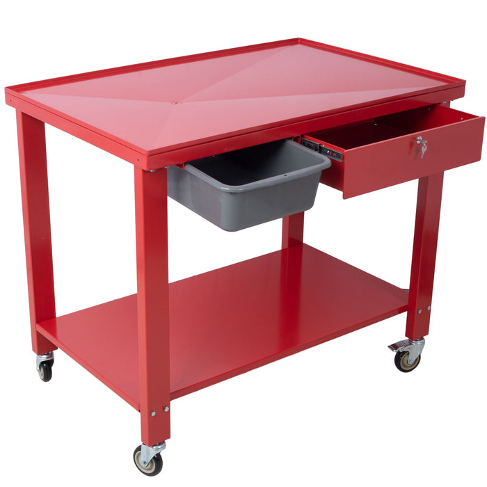 Transmission Teardown Work Station 1 / 2 Ton Capacity Sloping Drain Table Locking Drawer Removable Drain Basin Full-Width Lower Shelf Four 4" Caster Wheels